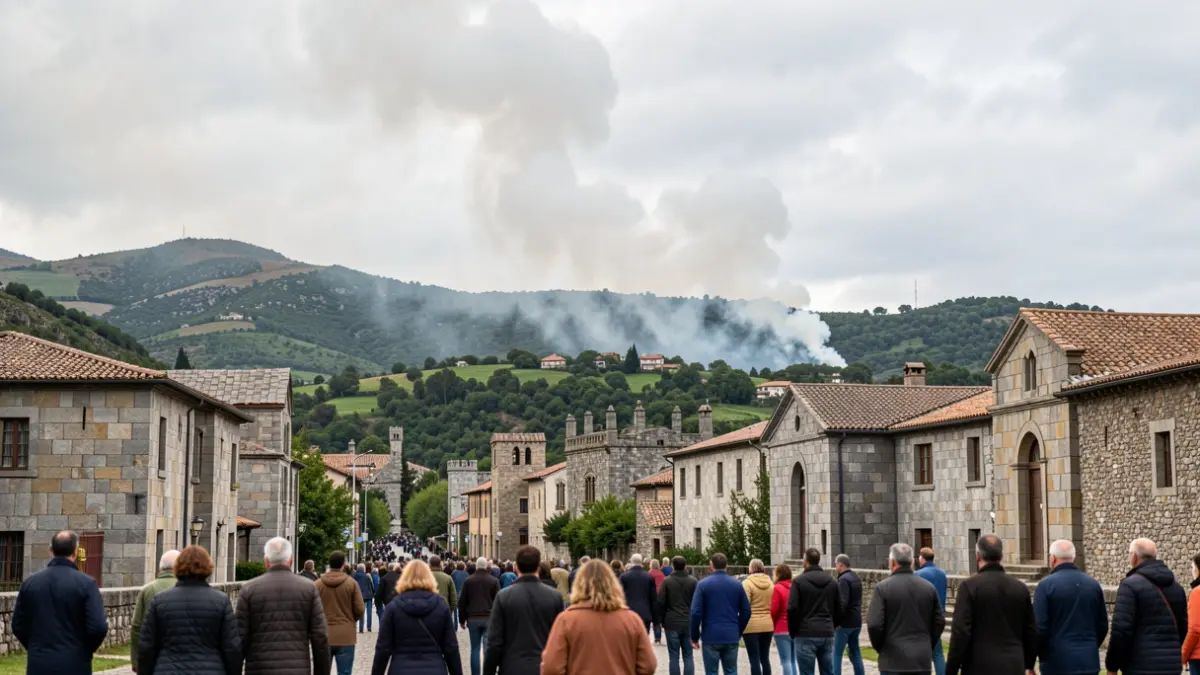 Imagen genérica de humo ascendiendo en una ladera gallega con arquitectura de granito y vegetación verde bajo un cielo nublado.