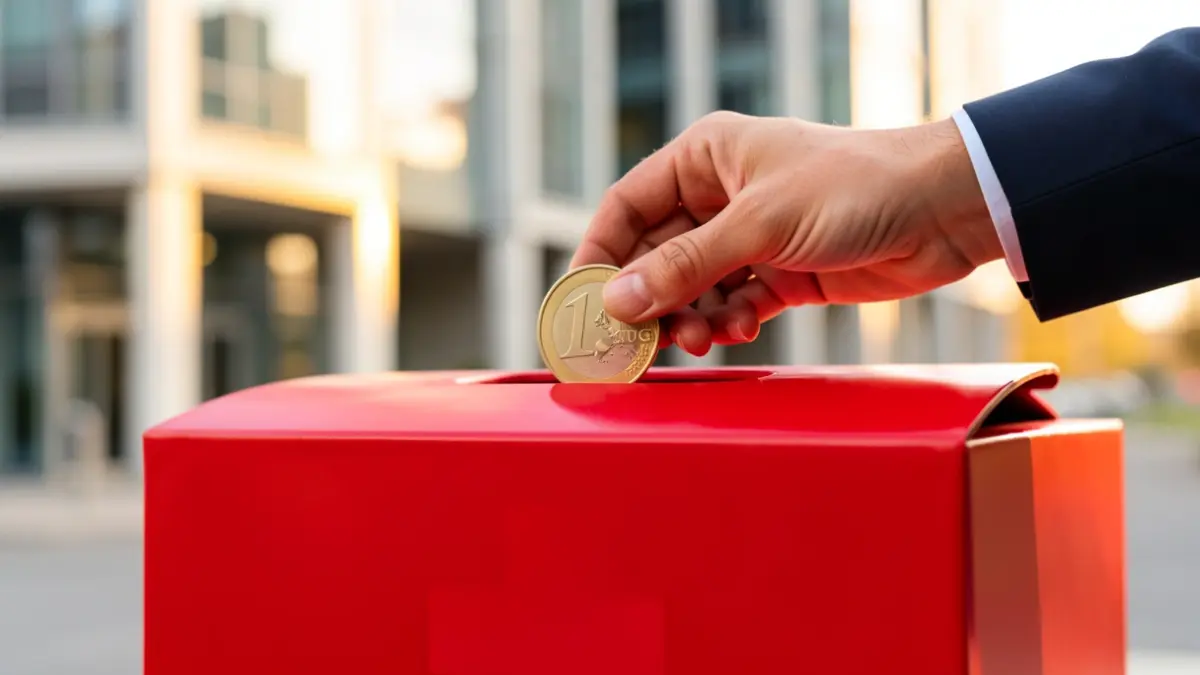 Primeiro plano dunha man depositando unha moeda de euro nunha caixa de doazóns vermella co símbolo da Cruz Vermella, fondo desfocado dun moderno edificio de oficinas, luz cálida e esperanzadora.