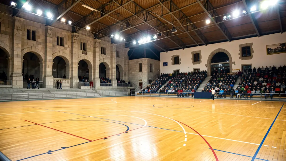 Imaxe xenérica dun pavillón deportivo galego con arquitectura de granito e cancha baleira.