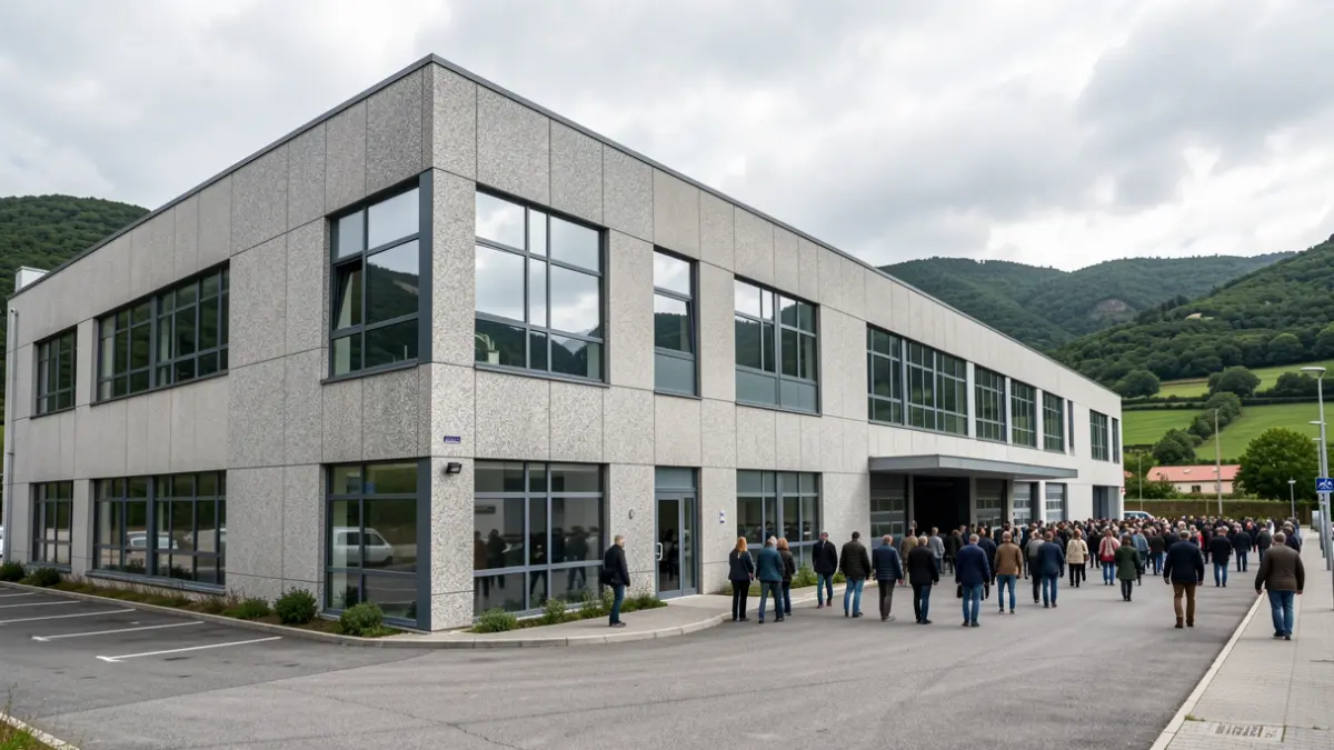 Imaxe dunha moderna fábrica de granito en Galicia con colinas verdes e ceo nubrado.