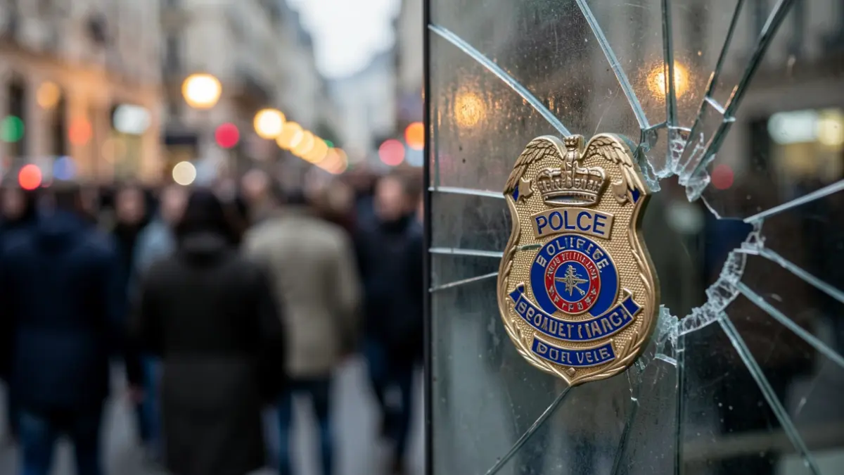 Primer plano de una insignia policial y un fragmento de una ventana rota, con luces de la ciudad borrosas al fondo.