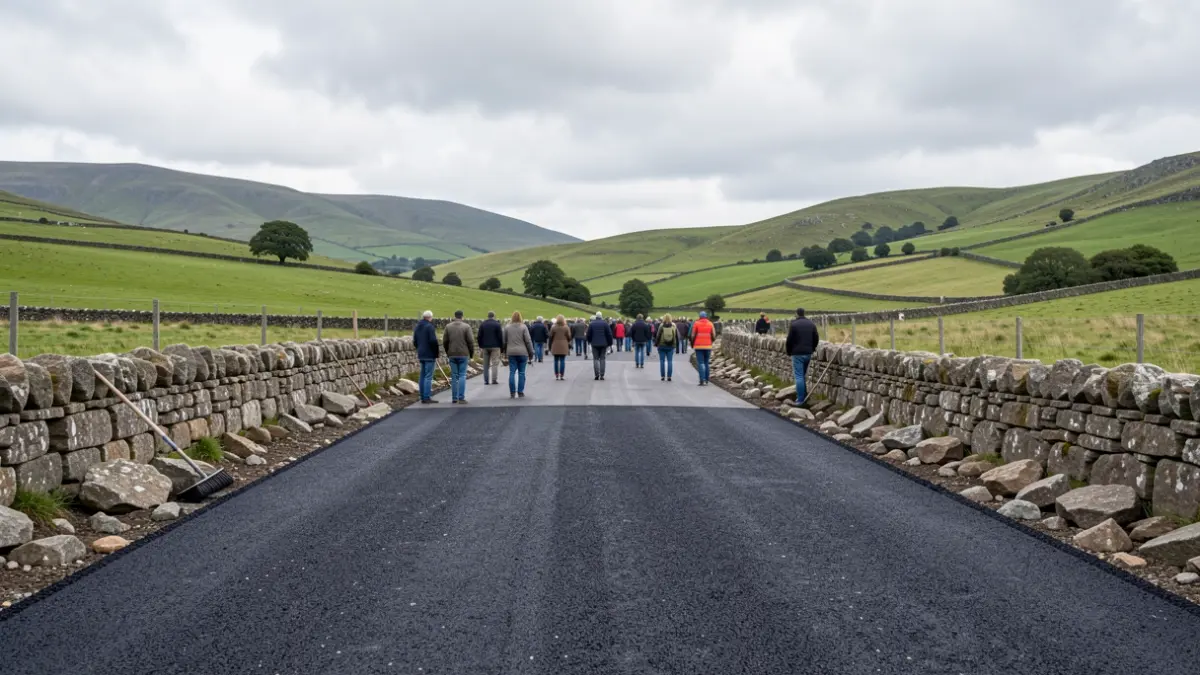 Imaxe xenérica de obras de asfaltado nunha estrada rural galega con pedras de granito e outeiros verdes.