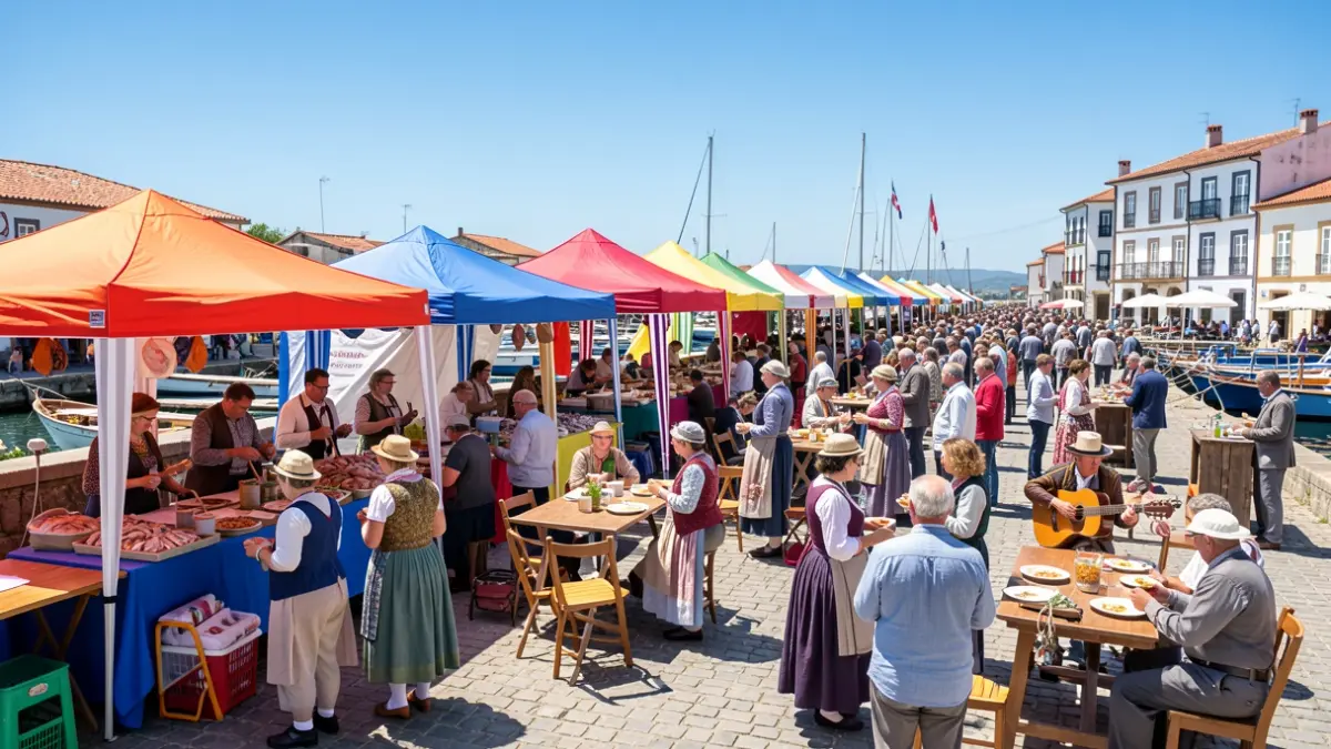 Imaxe xenérica de festa gastronómica ao aire libre en Galicia con postos de comida e música tradicional.