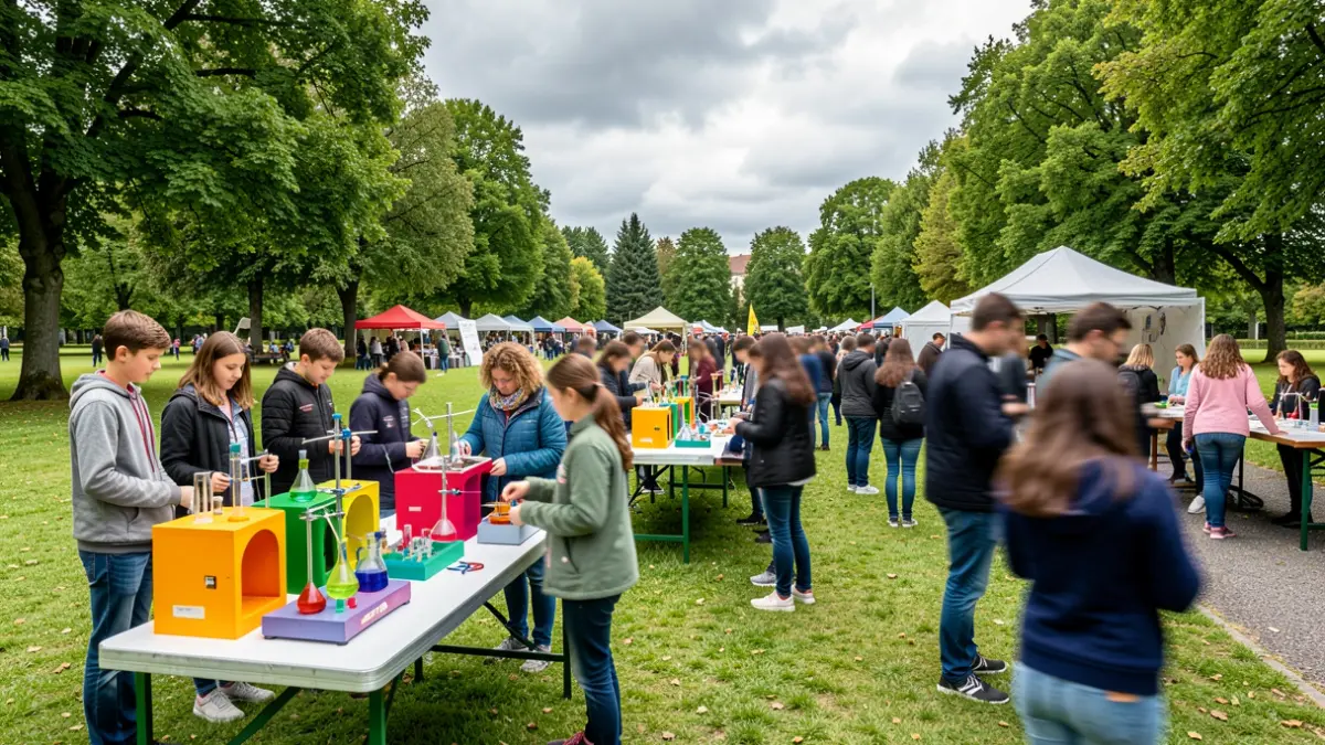 Imaxe xenérica dunha feira de ciencia en Galicia con moita xente nova e experimentos.