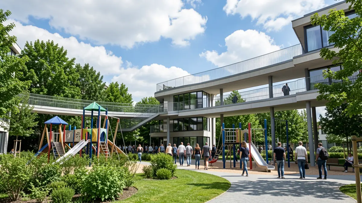 Imagen genérica de parque con juegos infantiles y pasarelas elevadas.