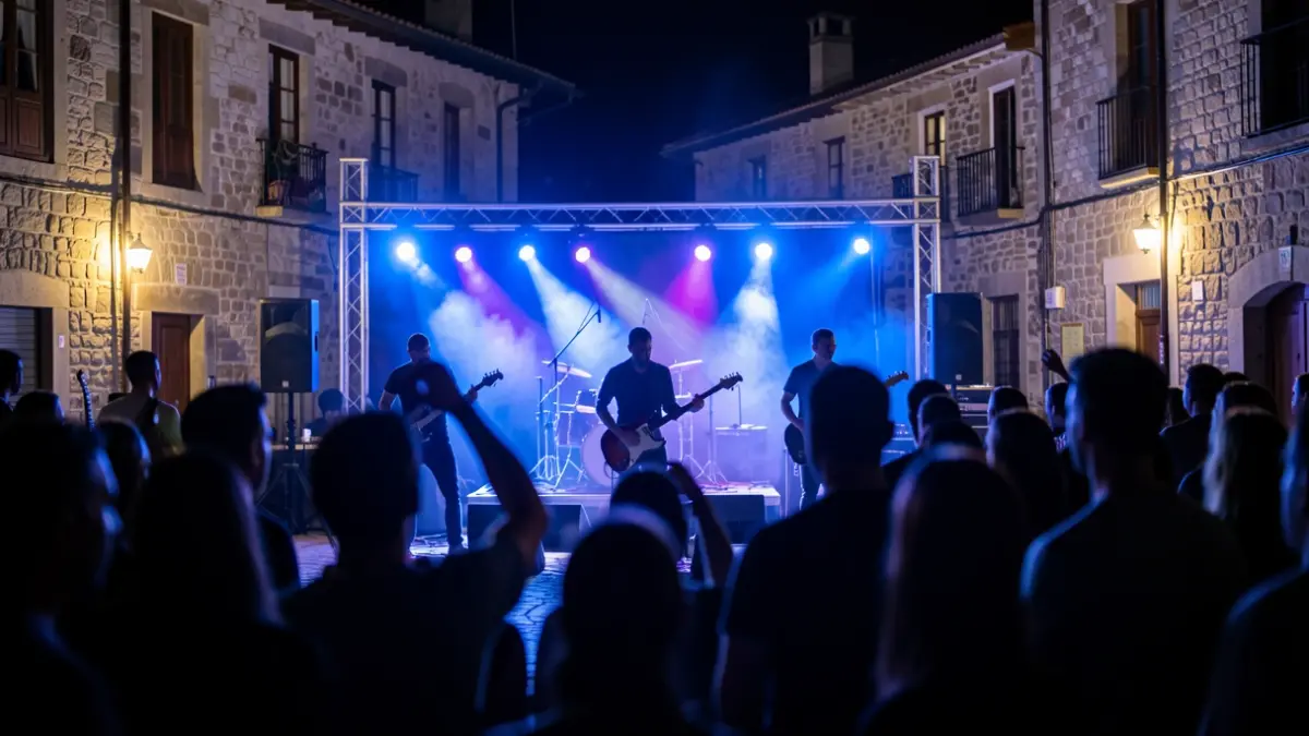 Imaxe xenérica dun concerto de blues-rock na praza dun pobo galego pola noite, con luces de escenario e siluetas de músicos.