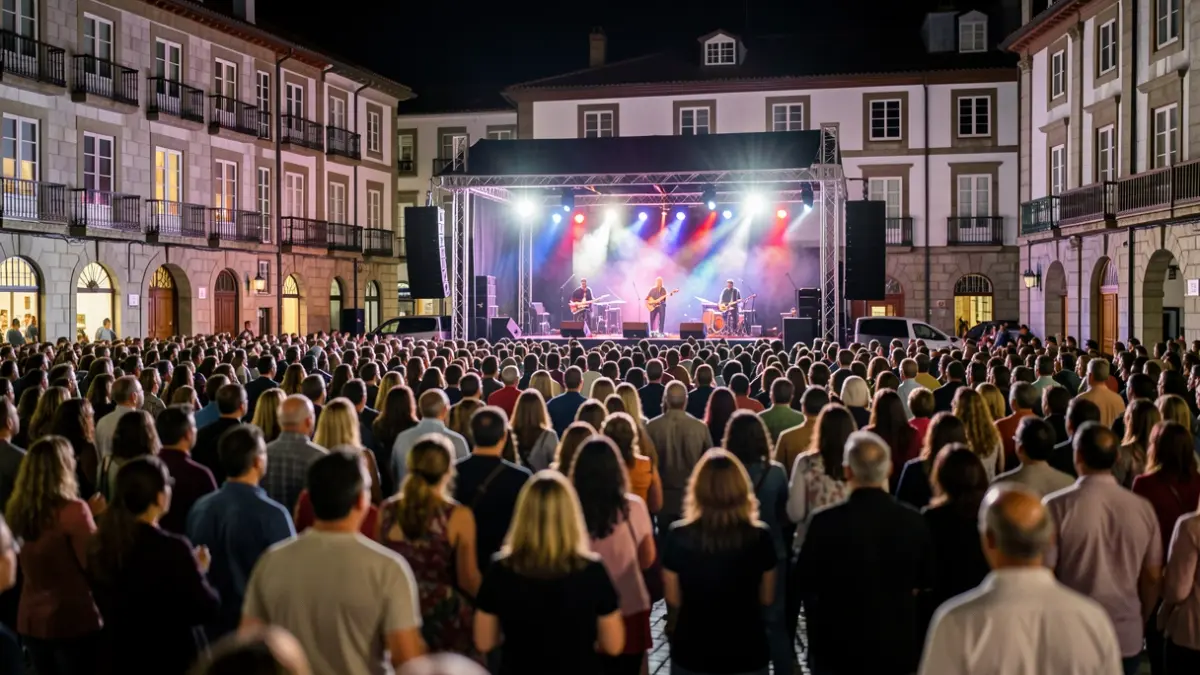 Imaxe dun concerto nocturno na Praza de María Pita, A Coruña, con La Delio Valdez actuando.