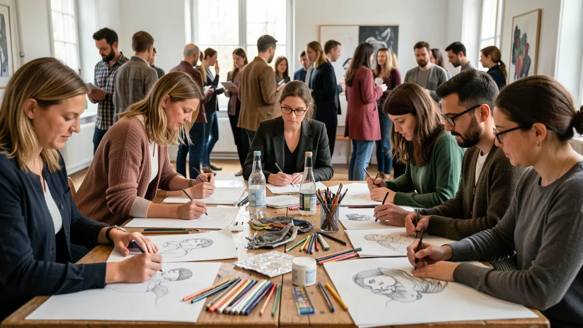 Imaxe xenérica dun obradoiro creativo con artistas colaborando.
