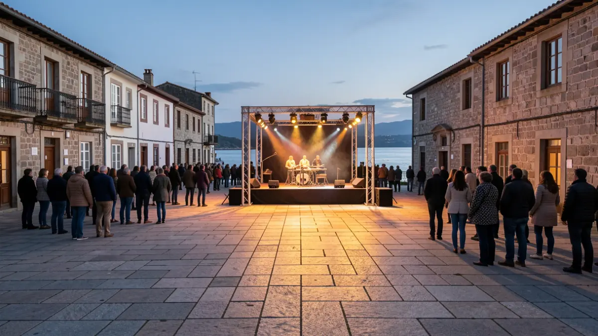 Imaxe xenérica dunha praza galega tradicional ao atardecer, con escenario e iluminación cálida.