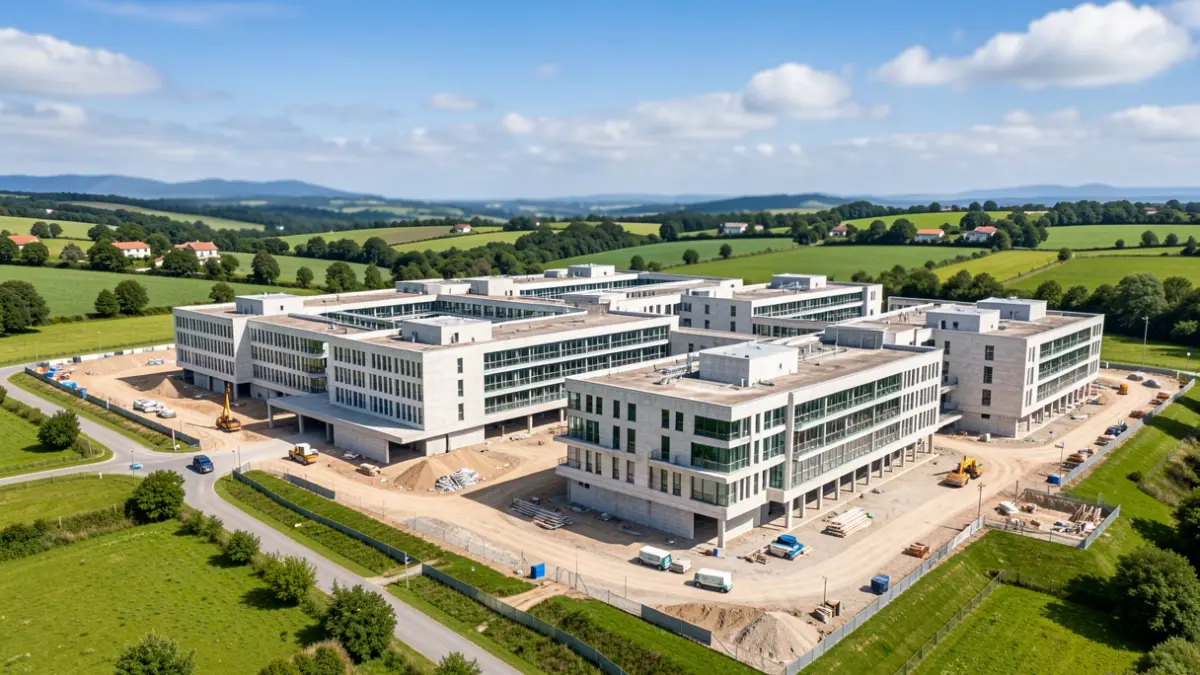 Vista aérea dun gran complexo hospitalario moderno en construción en Galicia, con arquitectura de granito e paisaxe verde arredor.