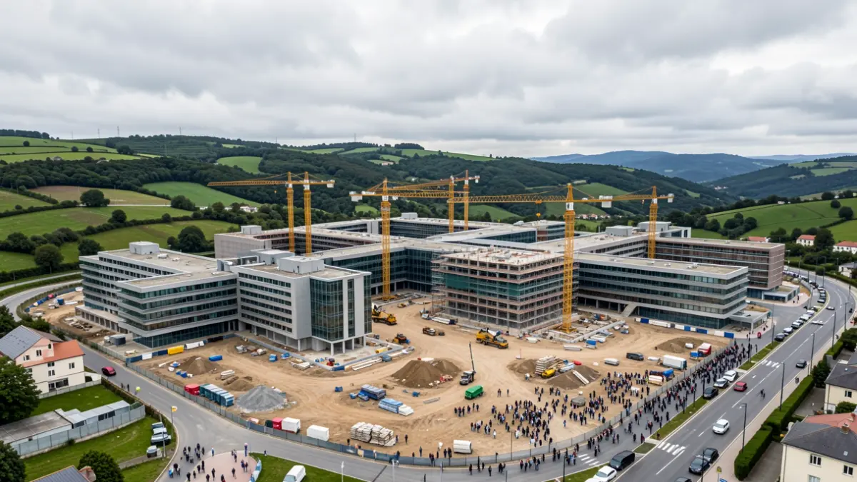 Vista aérea dun gran complexo hospitalario moderno en construción en Galicia, con guindastres e estruturas parcialmente construídas. Colinas verdes e ceo nubrado ao fondo.