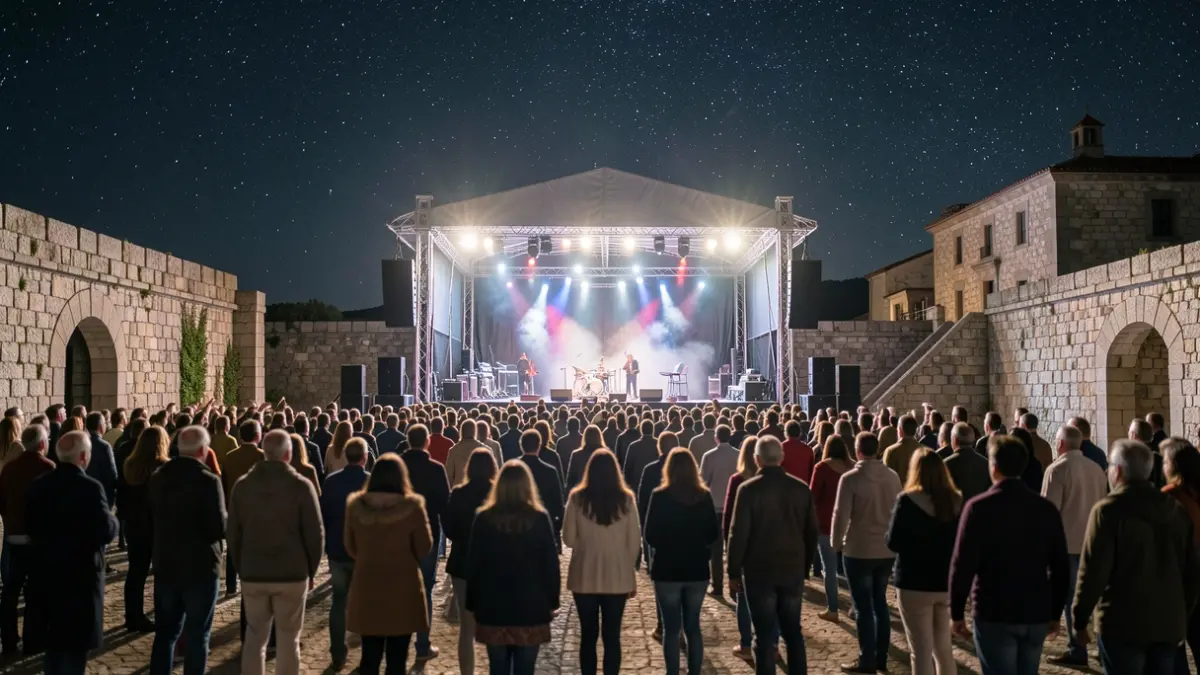Imaxe xenérica dun concerto ao aire libre en Sanxenxo pola noite, con escenario, luces e público difuminado.