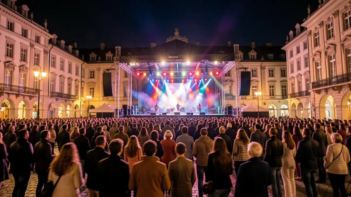 Imaxe xenérica dun festival de música ao aire libre pola noite nunha praza urbana con luces de escenario e público difuminado.