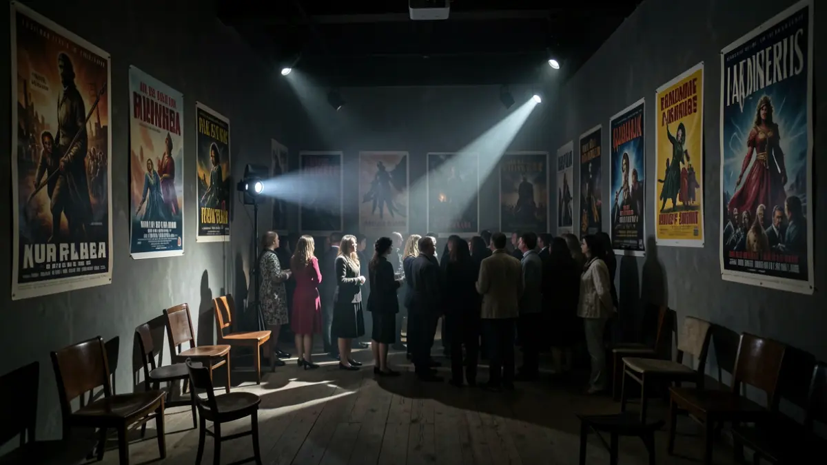 Imaxe xenérica dunha sala de cine con carteis de películas de fantasía e un feixe de proxector.