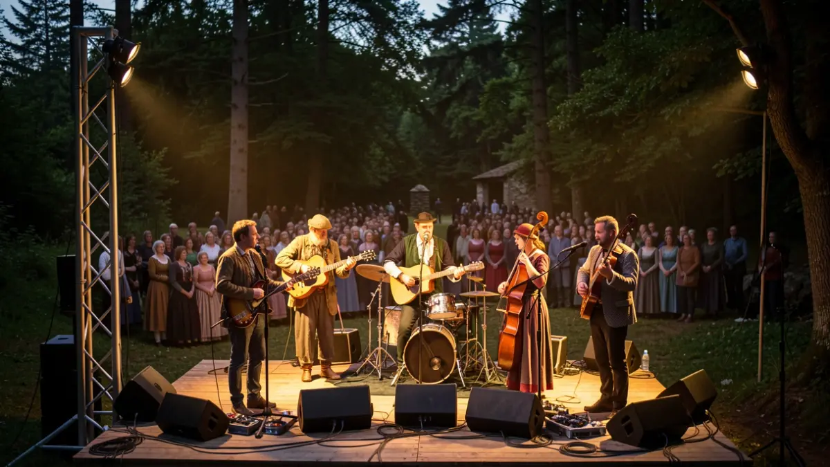 Imaxe xenérica dun concerto de música celta ao aire libre nunha carballeira ao anoitecer.