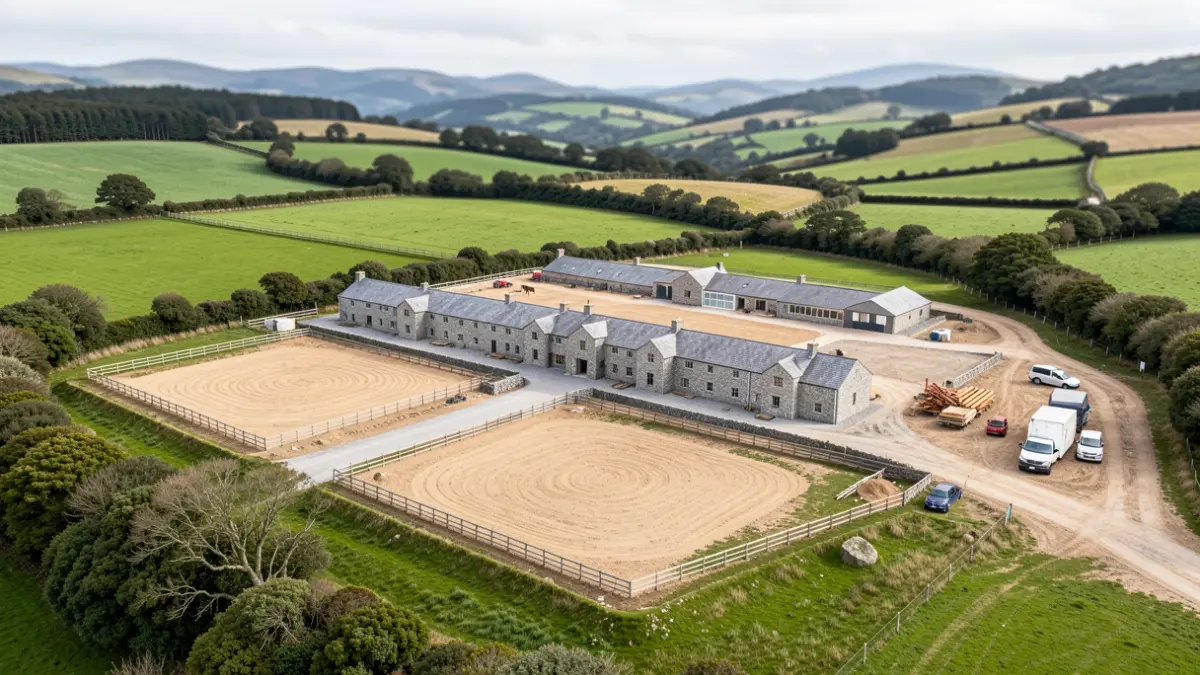 Vista aérea dun centro ecuestre en construción en Abegondo, Galicia, con edificios de pedra e pasteiros.