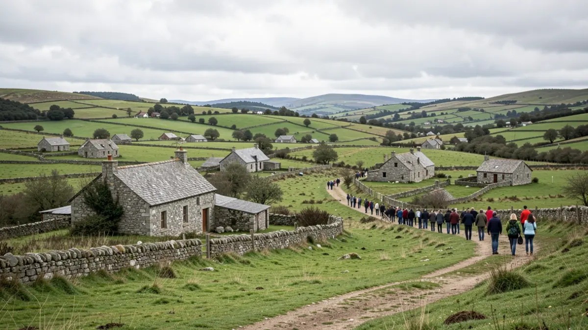 Imagen genérica de un paisaje rural gallego con casas de granito y colinas verdes bajo un cielo nublado.
