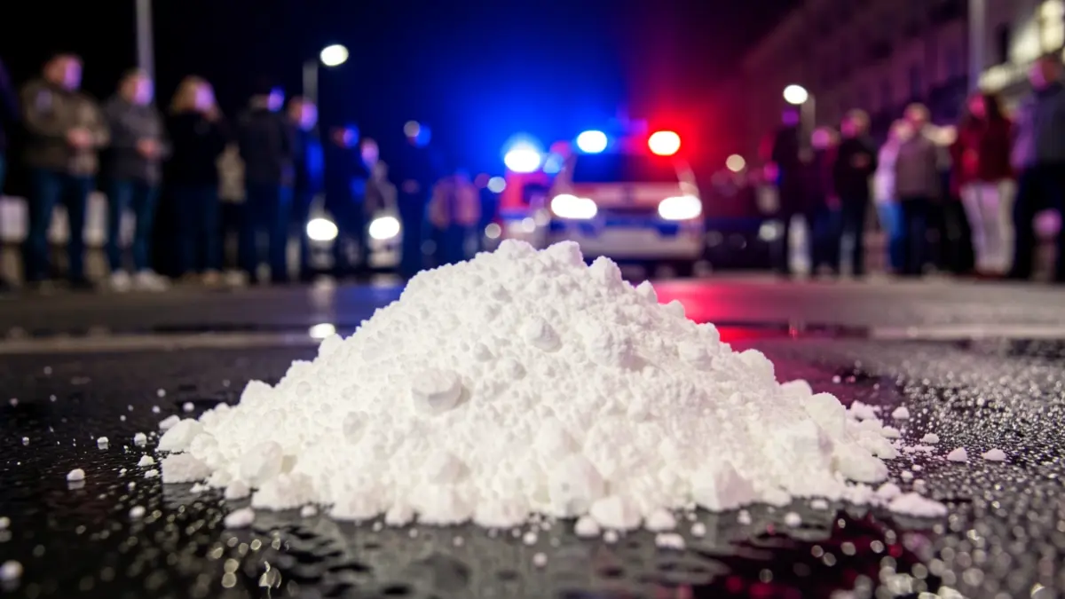 Imaxe xenérica de cocaína incautada con luces de emerxencia borrosas.