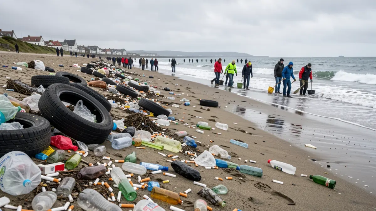 Imaxe de voluntarios limpando lixo mariño dunha praia galega.