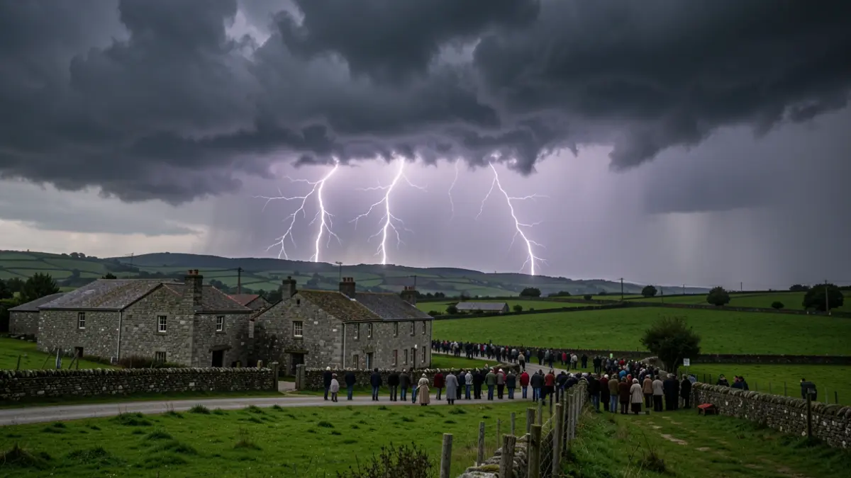 Imagen genérica de nubes de tormenta oscuras sobre un paisaje rural gallego con rayos.