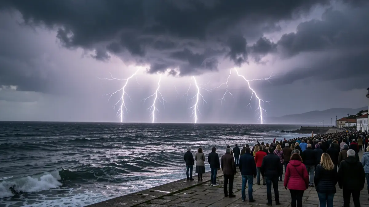 Imagen genérica de una tormenta eléctrica sobre la costa gallega con rayos.