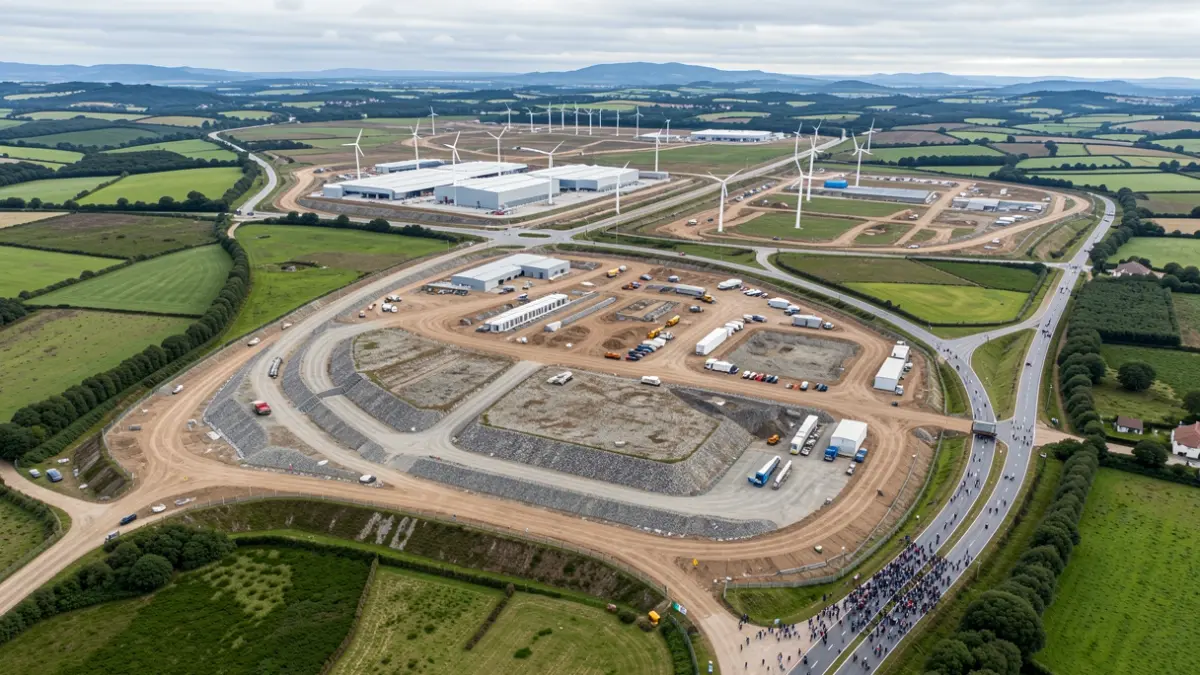 Imagen genérica de obras a gran escala en Galicia, con carreteras, parques eólicos y polígonos industriales.