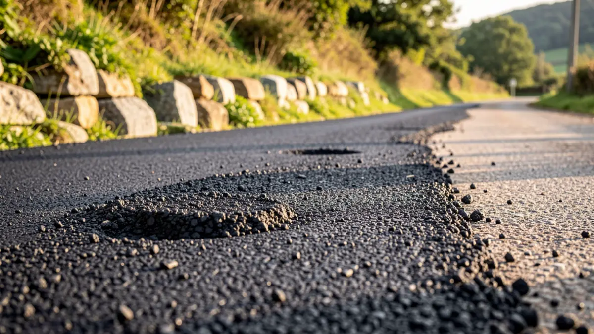 Primeira dun camiño rural en proceso de pavimentación en Galicia, con detalles de asfalto e vexetación.