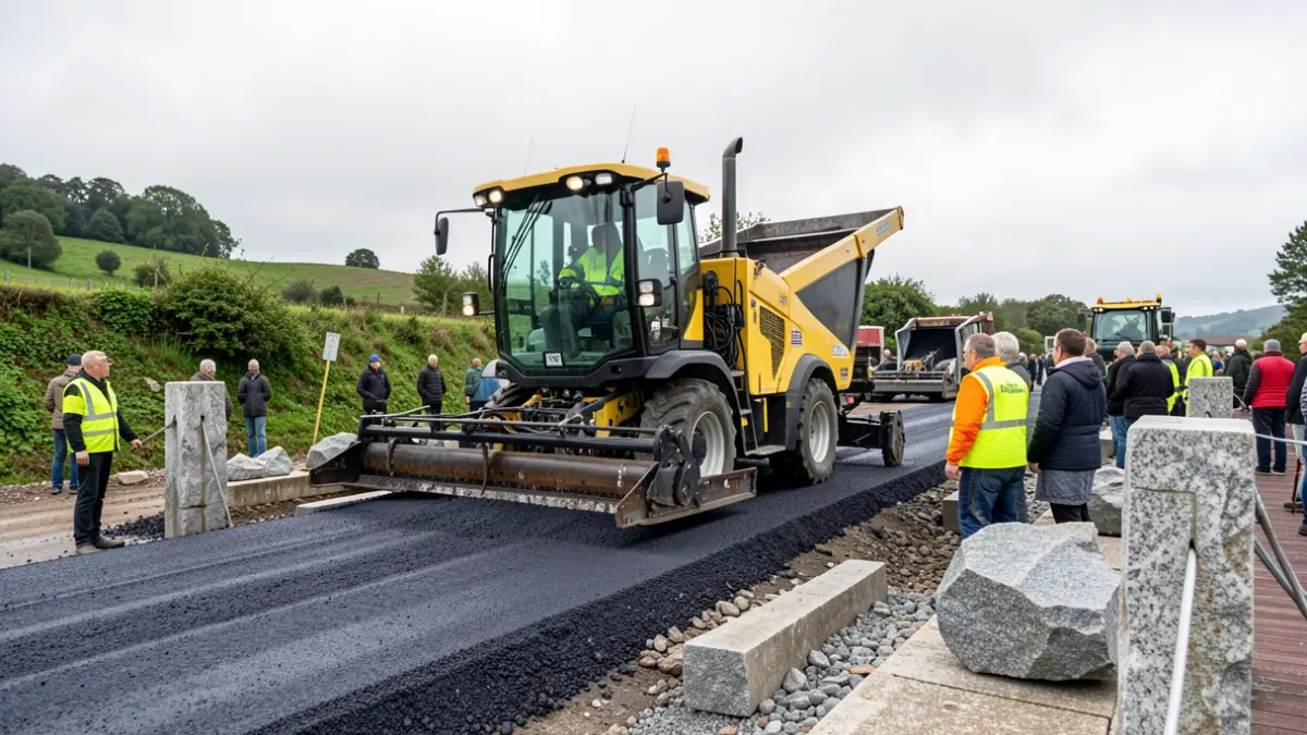 Imagen genérica de obras de asfaltado en Galicia con maquinaria y trabajadores.