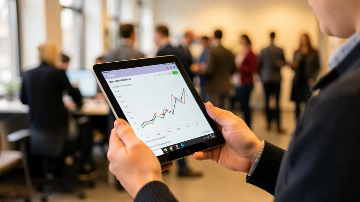 Primer plano de una tablet con un gráfico, manos sujetándola y fondo de oficina difuminado.