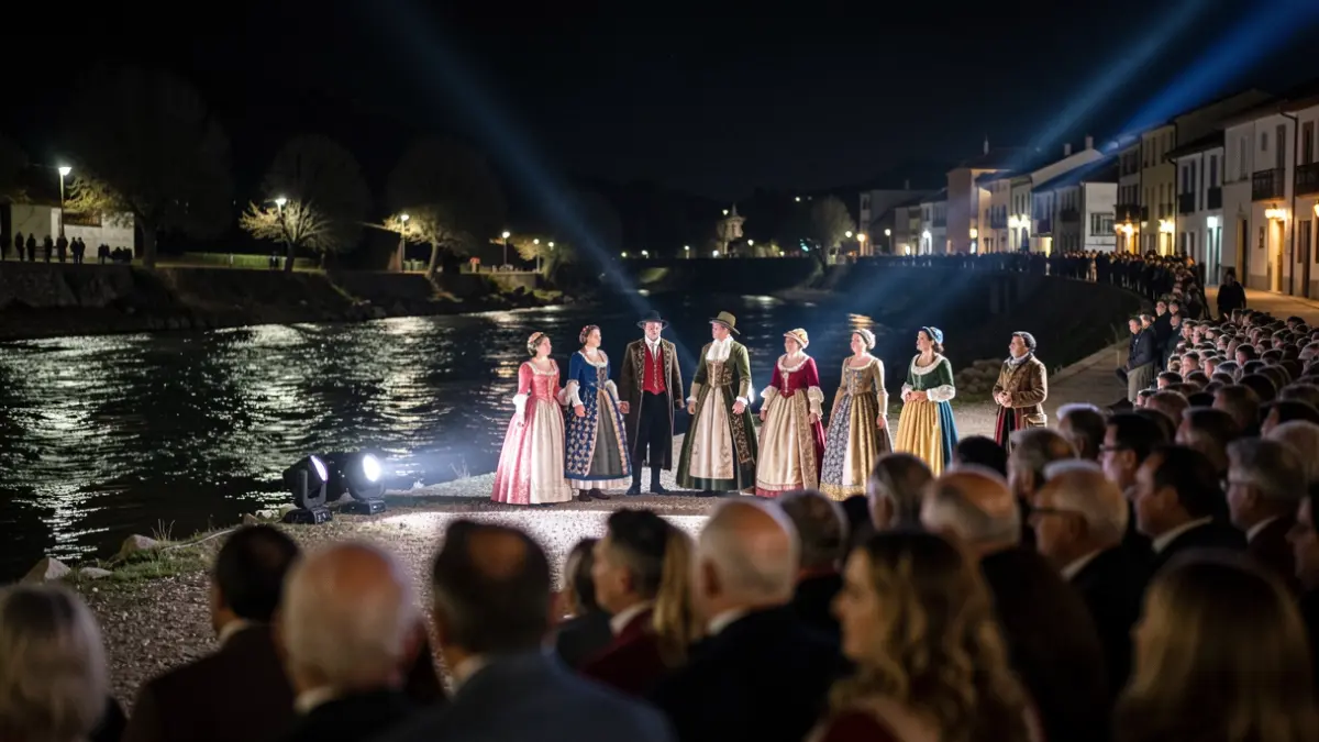 Imagen de un grupo de personas con trajes teatrales y atuendos tradicionales gallegos a orillas del río Sarria por la noche, iluminados por focos.