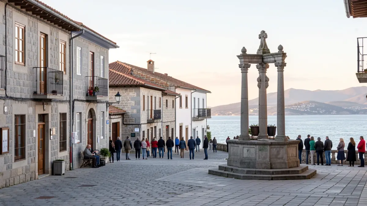 Imagen genérica de una plaza de pueblo gallego con edificios de granito y un cruceiro.