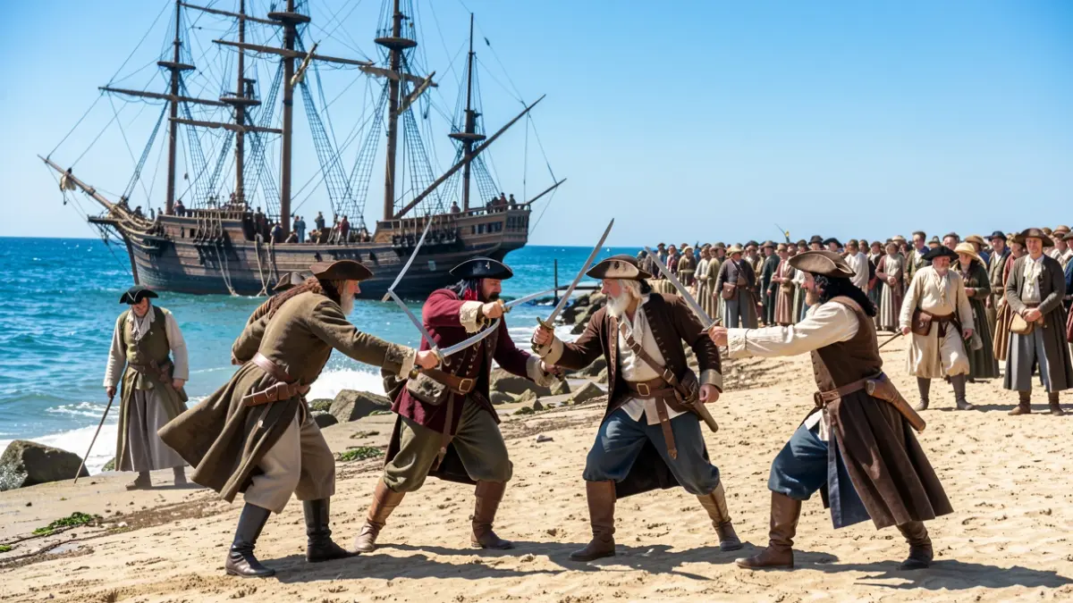 Imagen genérica de una recreación de una batalla pirata en la costa gallega con barcos de madera y actores en trajes de época.