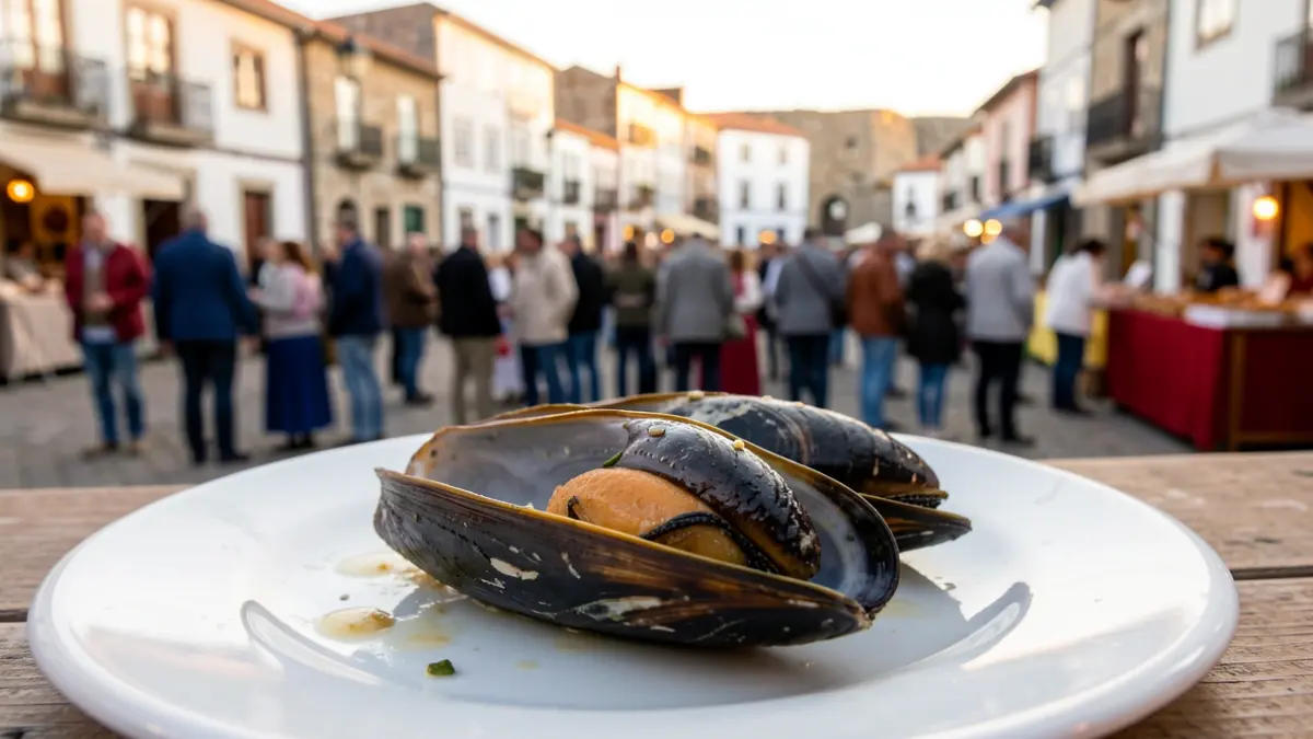 Primera imagen de un mejillón servido en un plato, con fondo de una fiesta popular en Moaña.