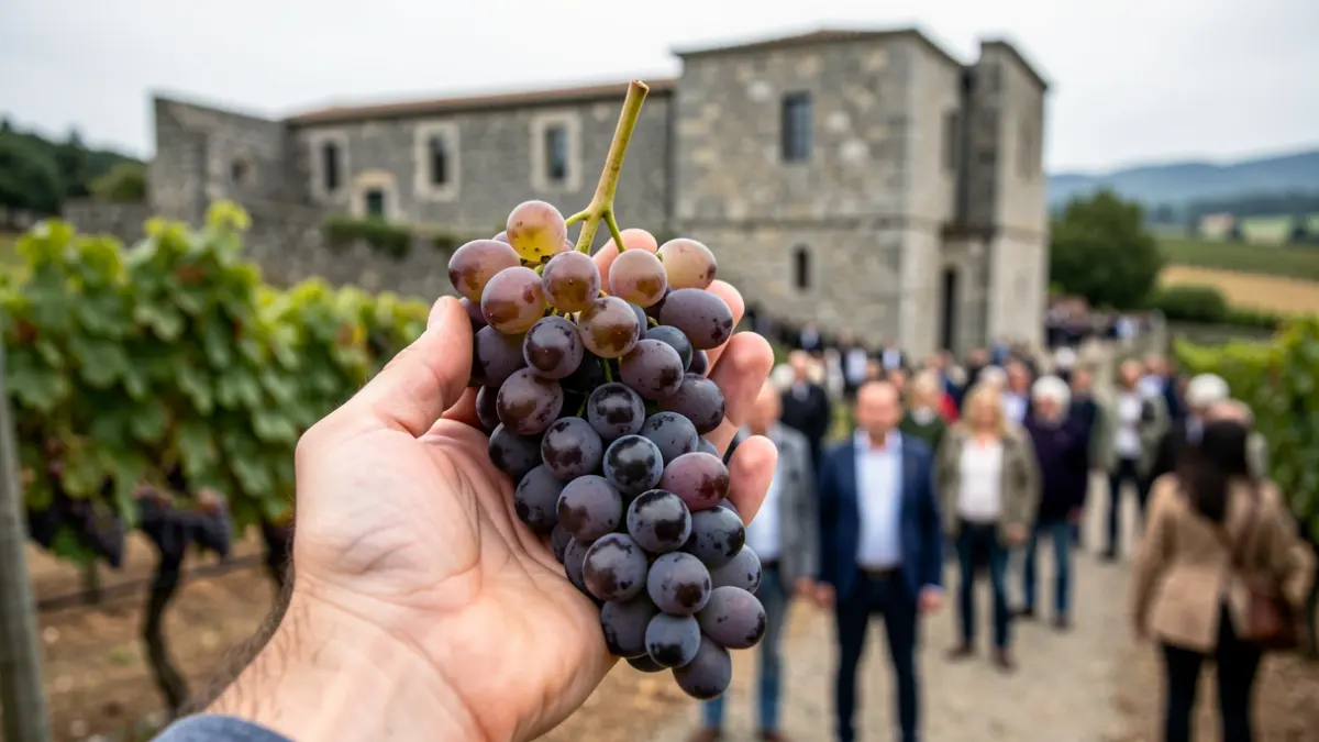 Imaxe xenérica de uvas cun selo de calidade e viñedo galego ao fondo.