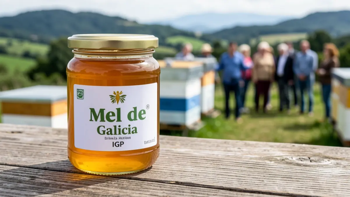 Tarro de mel dourada co selo IXP Mel de Galicia sobre madeira rústica, con colmeas e paisaxe galega ao fondo.