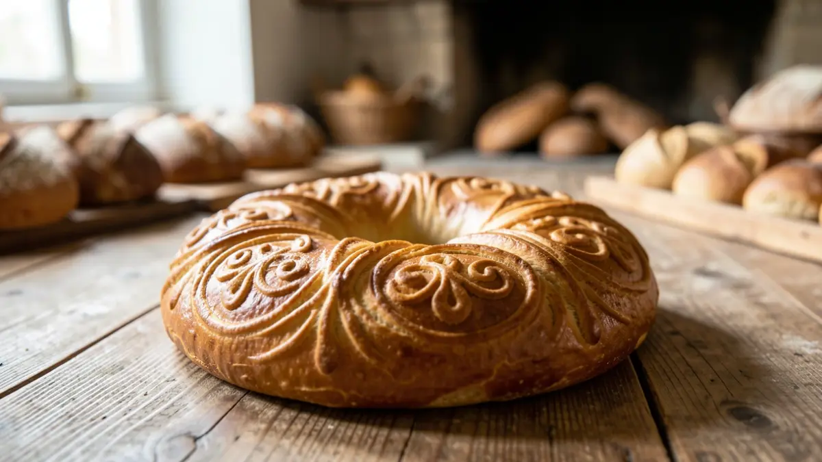 Primer plano de una rosca tradicional gallega, dorada y con intrincados diseños de masa, sobre una mesa de madera rústica.