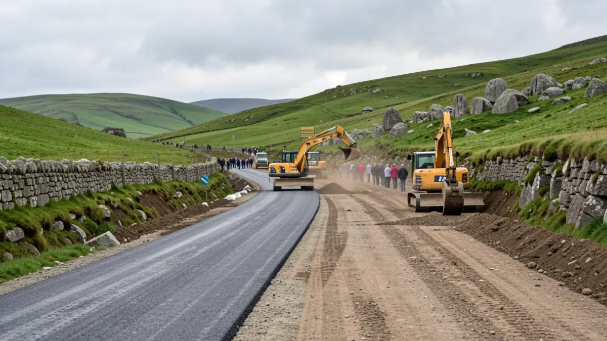 Imaxe xenérica de obras de mellora de camiños rurais en Galicia con maquinaria pesada.