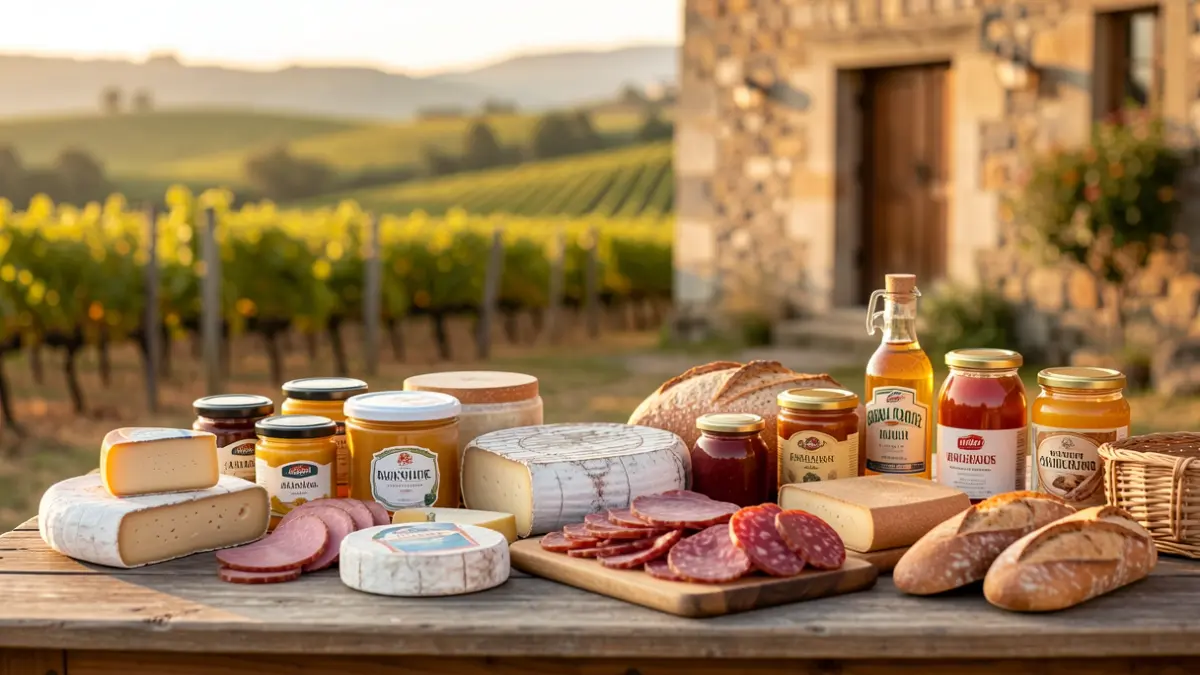 Imaxe xenérica de produtos agroalimentarios galegos con viñedos ao fondo.