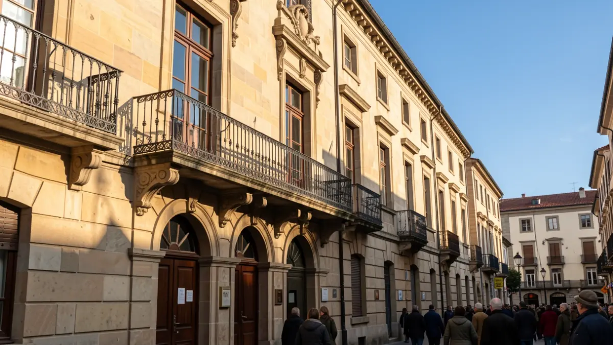 Imagen genérica de un ayuntamiento gallego con balcón y sol de tarde.