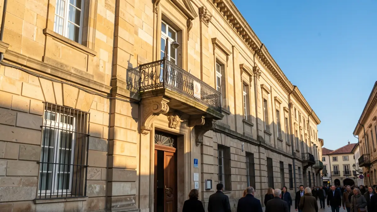 Imaxe xenérica dun concello galego con balcón e raís de ferro, luz solar da tarde.