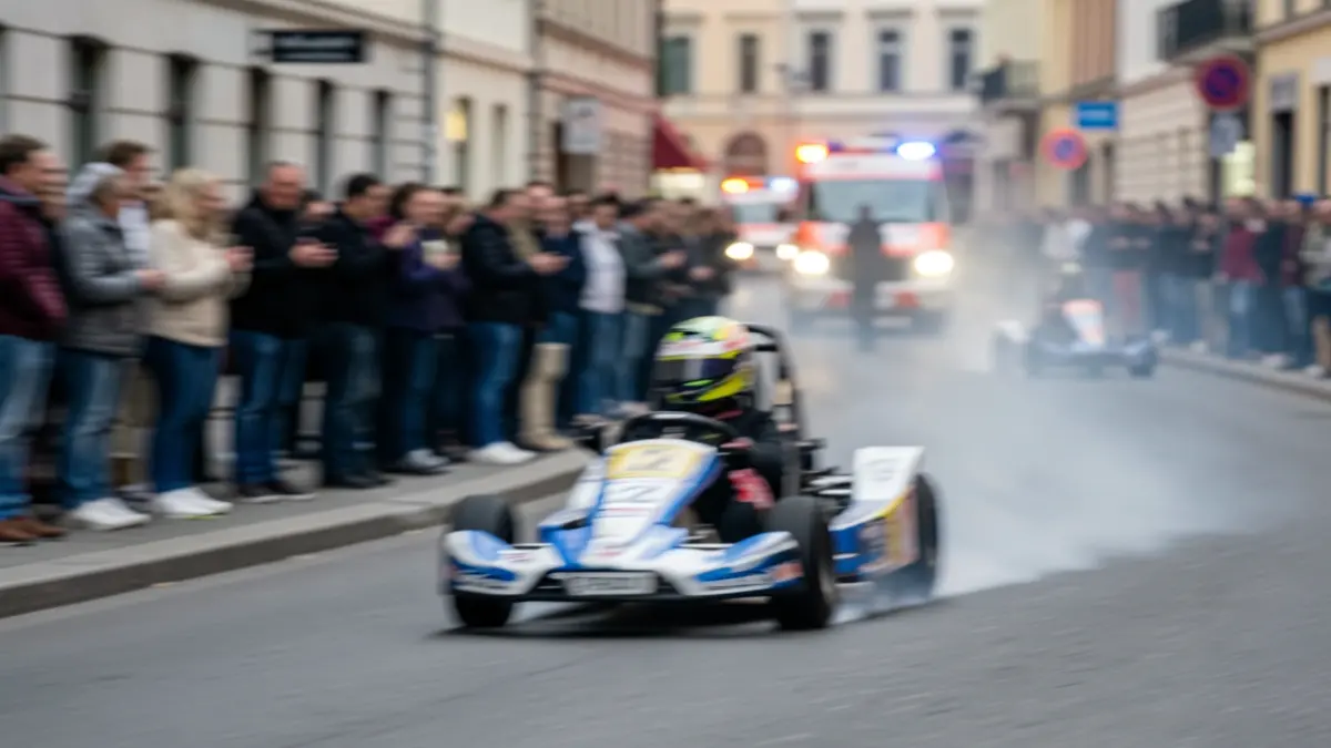 Imaxe dunha carreira de carrilanas con un vehículo saíndose da pista e dirixíndose cara ao público, con luces de emerxencia difuminadas.