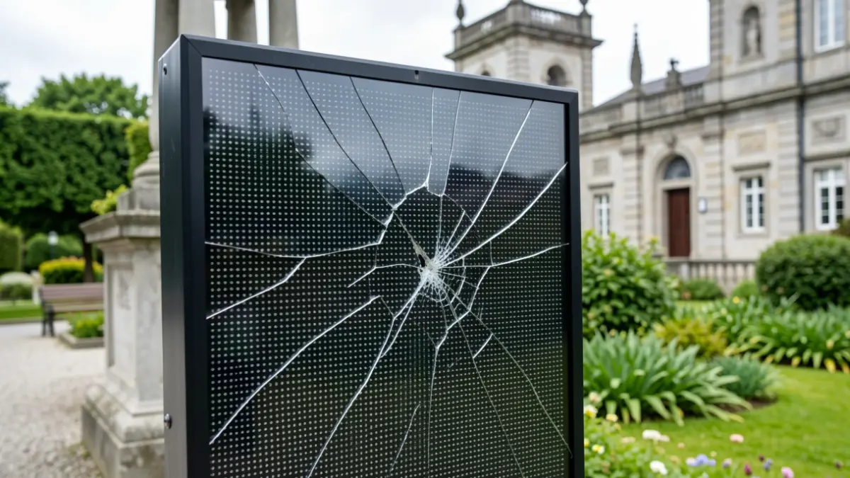 Imaxe dunha pantalla LED danada por pedras nun parque de Betanzos.