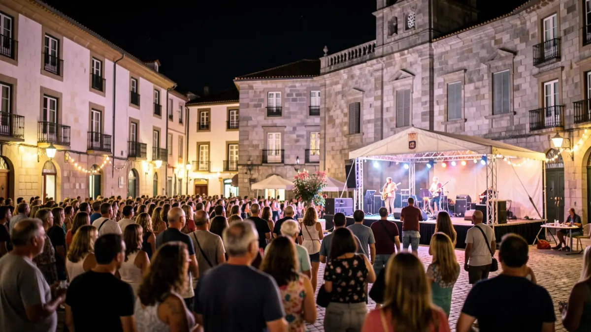 Imaxe xenérica dunha praza galega con escenario e ambiente festivo pola noite.
