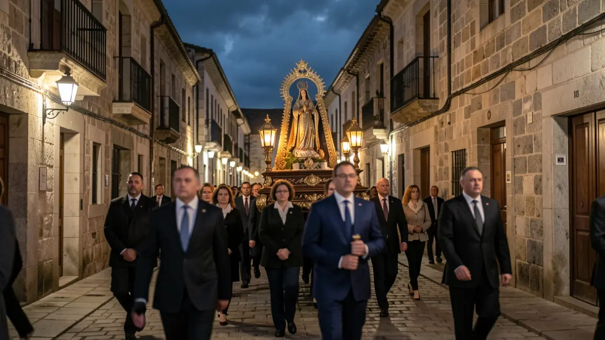Imagen de una procesión religiosa nocturna por las calles de Pontevedra, con la Virgen Peregrina.