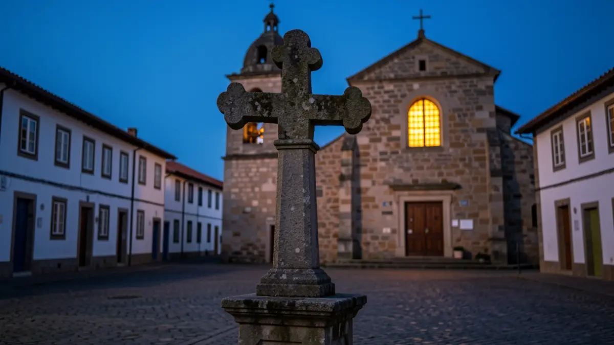 Imaxe xenérica dun cruceiro galego ao anoitecer diante dunha igrexa.