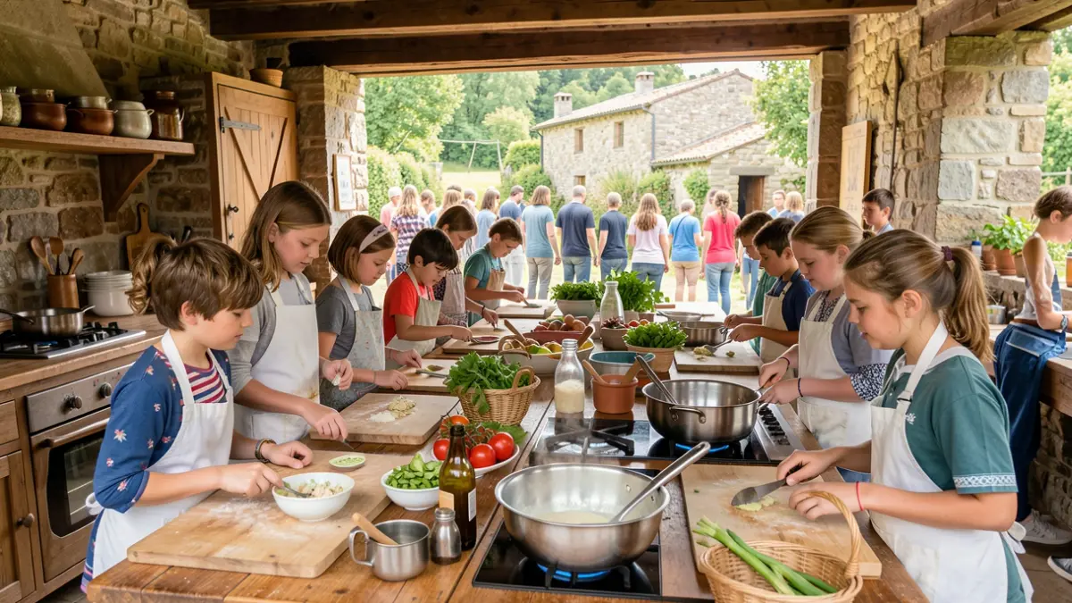 Niños y niñas participando en un campamento culinario en Galicia.