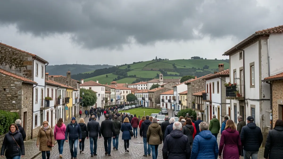 Imaxe xenérica de ceo nubrado sobre unha vila galega con indicacións de choiva.