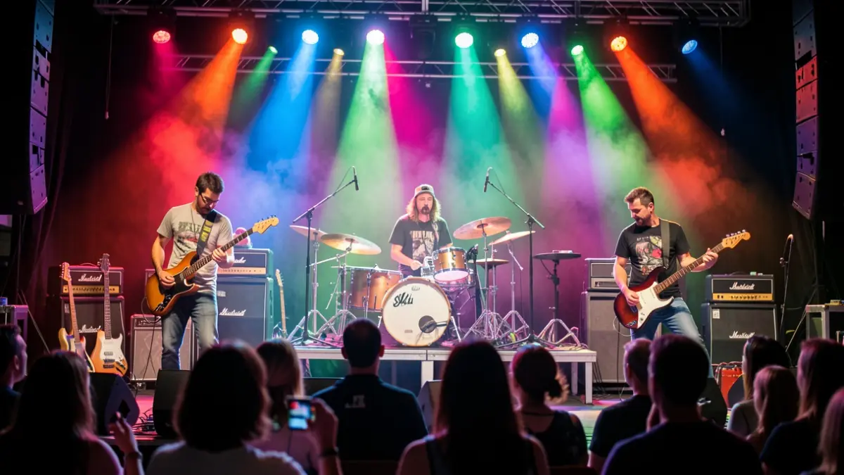 Imagen de una banda de metal actuando en un escenario con luces de colores, estilo retro de los 2000.