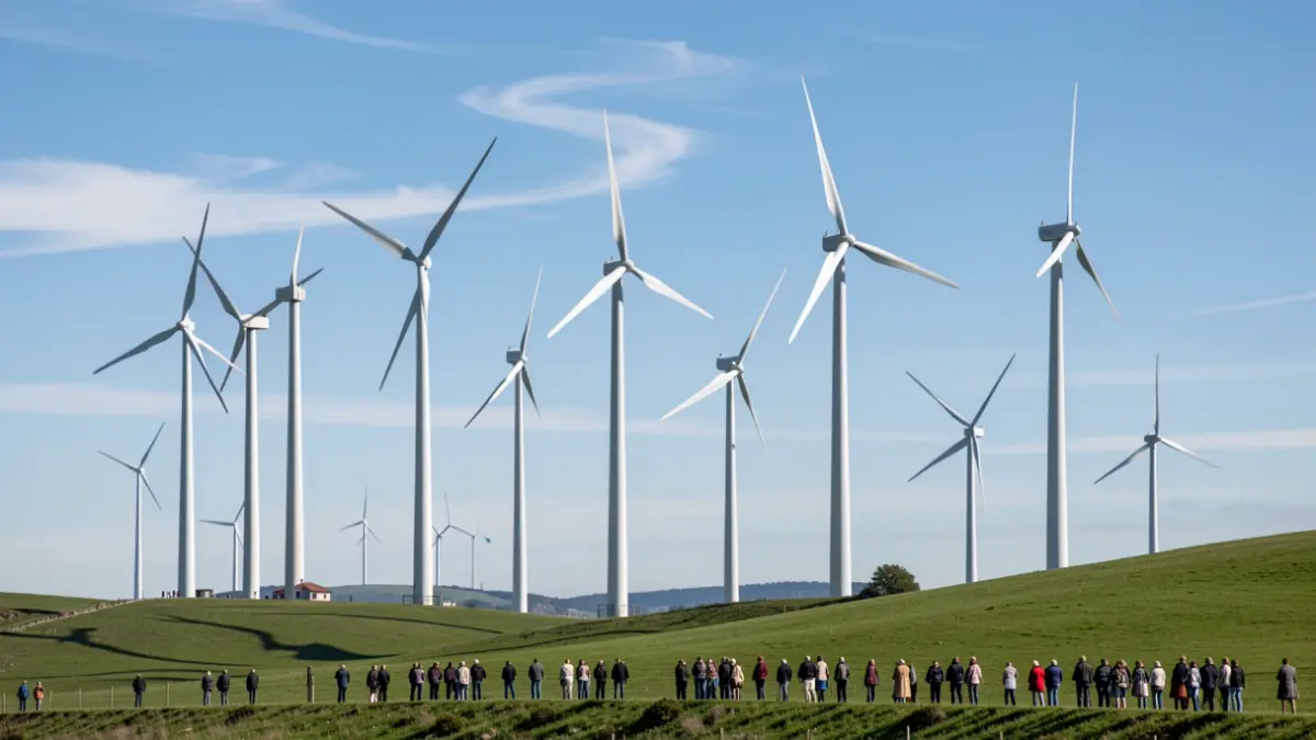 Imaxe xenérica de sete modernos aeroxeradores nunha ladeira verde galega, con antigos aeroxeradores ao fondo.