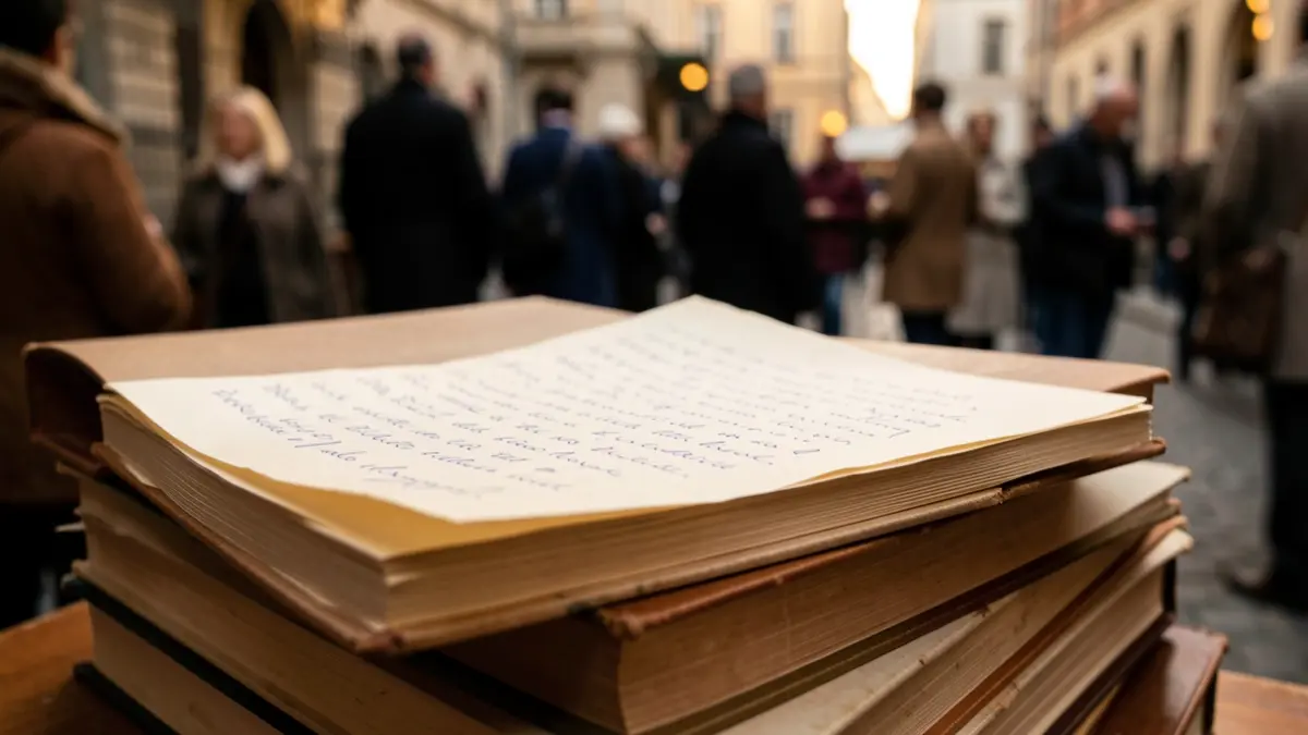 Primera página de un manuscrito y varios libros apilados, con luz suave.